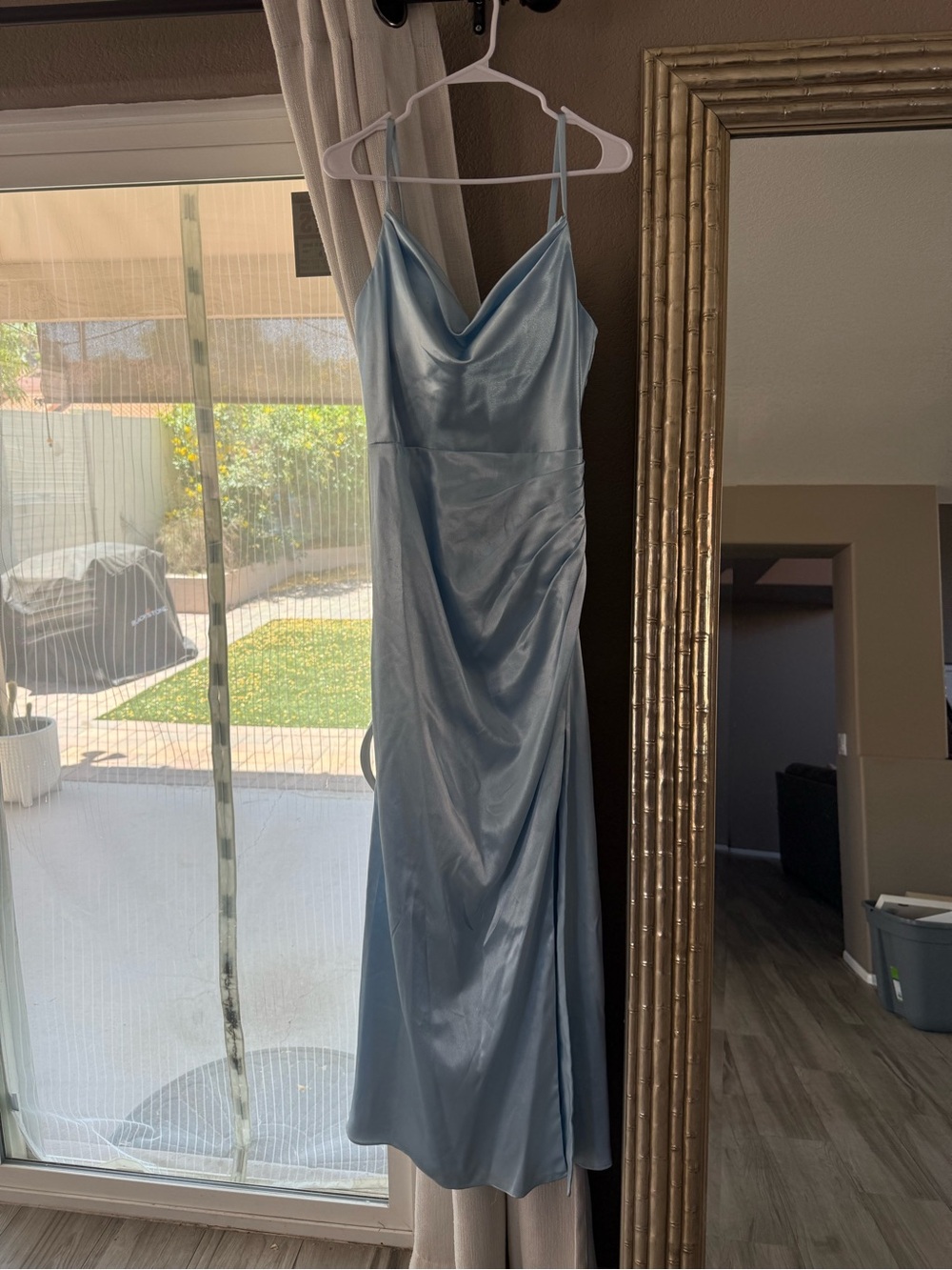JJs House- Satin Cowl Neck Slip Dress in Sky Blue